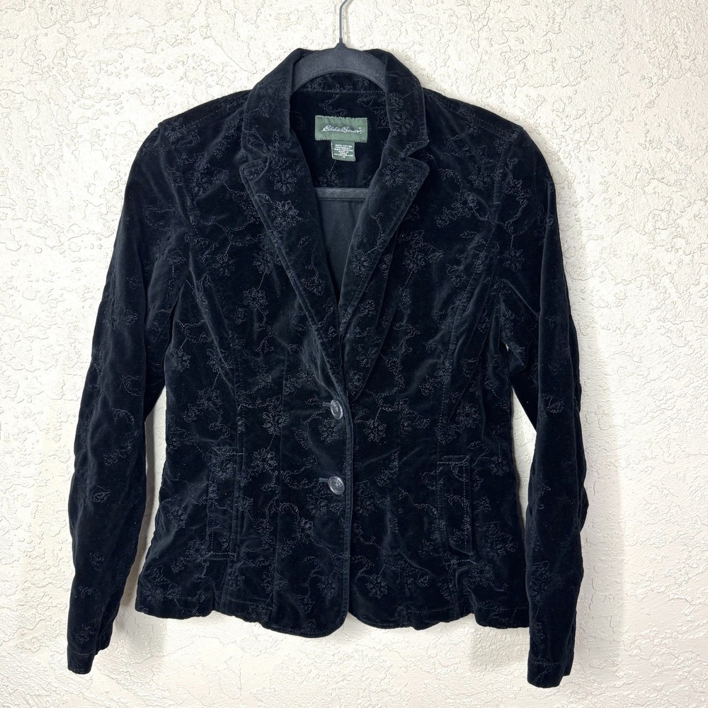Eddie Bauer Velvet Blazer Size 4 Black Floral Embroidery Steampunk Whimsigoth
